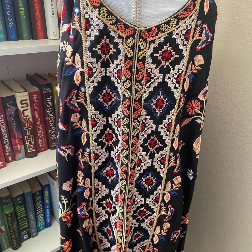TOLANI Akeeva Black Embroidered Floral Handkerchief Slip On Midi Dress Size PXXS - Picture 7 of 12